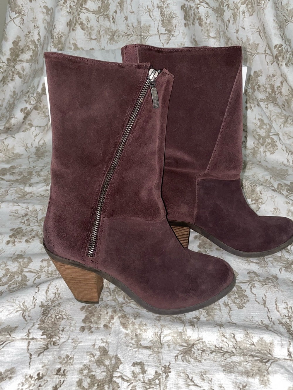 Adam Tucker Wine Suede Mid-Calf Zipper Block Heel Boots